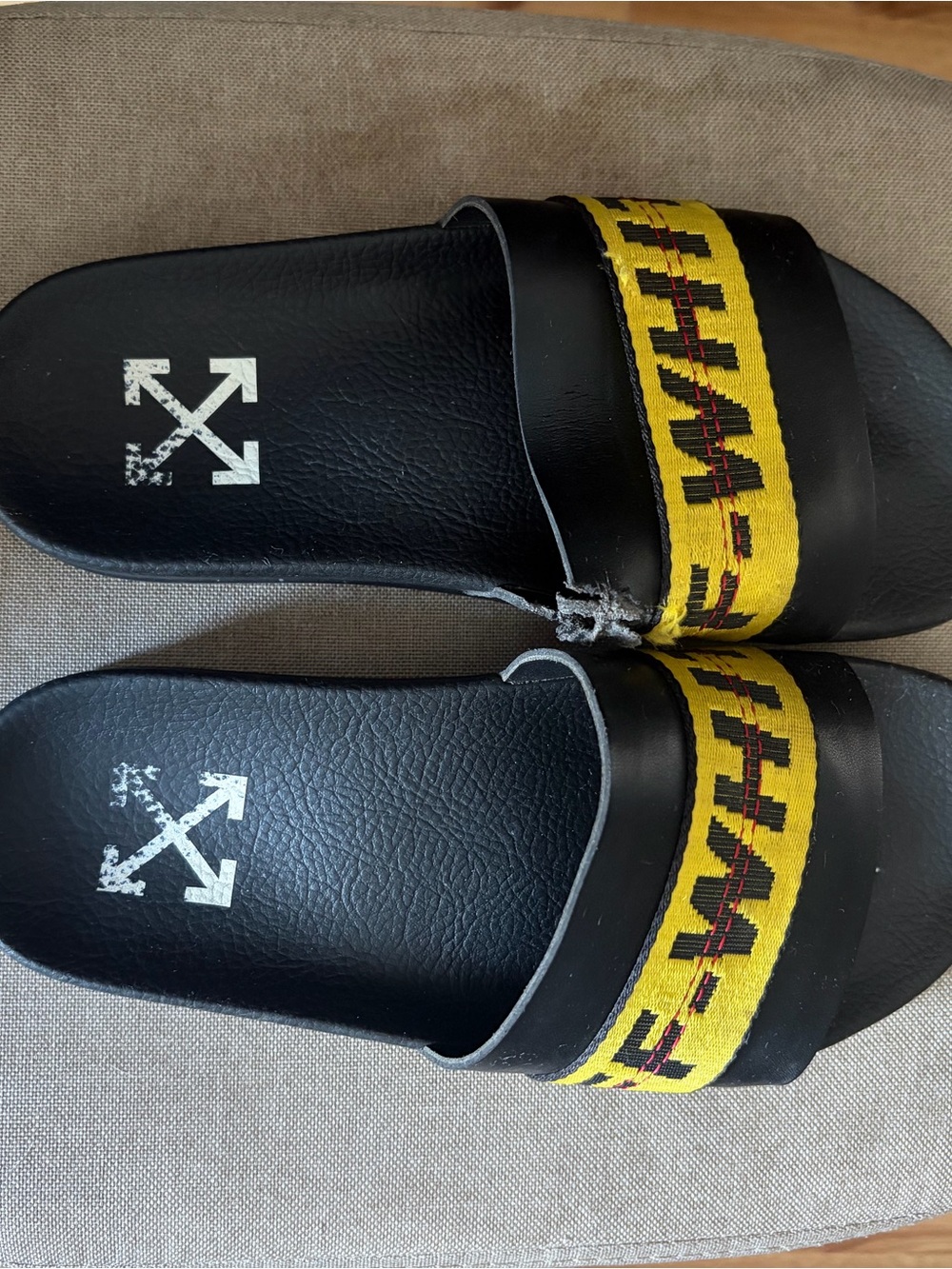 Off-White Black Slide Sandals with Yellow Accent Strap